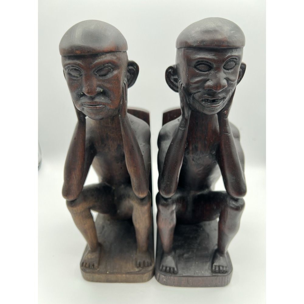 Vintage Asian Solid‎ Wood Hand Carved Bookends 11" Folk Art Men Sitting Thinking